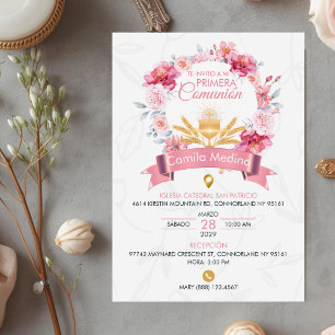 Pink Roses Wreath with Chalice First Communion Invitation