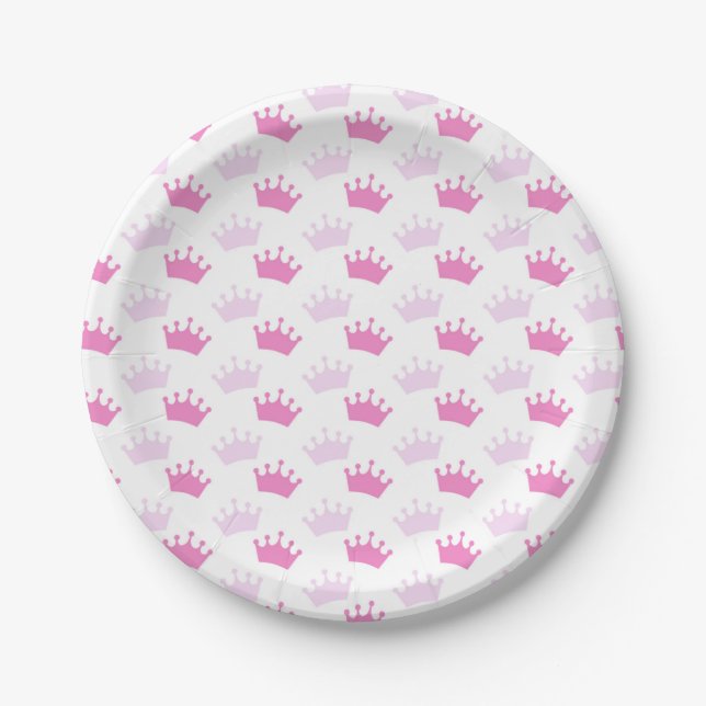 Pink Royal Crowns Fairytale Princess Baby Shower Paper Plate (Front)