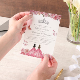 Pink Royal Floral Butterfly Twin Quinceanera Vellum Invitations