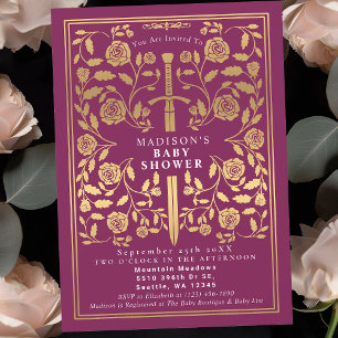 Pink Royal Mediaeval Gold Sword Girl Baby Shower Invitation