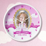 Pink Royal Princess Castle Girl Birthday Clock<br><div class="desc">This princess themed kids birthday design is a perfect choice for a regal celebration. This product is adorned with intricate designs that are fit for a princess, complete with a castle in clouds and sparkles in pink dreamy sky. The overall effect is magical and charming, sure to delight any young...</div>