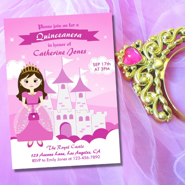 Pink Royal Princess Castle Girl Quinceanera Invitation (Creator Uploaded)