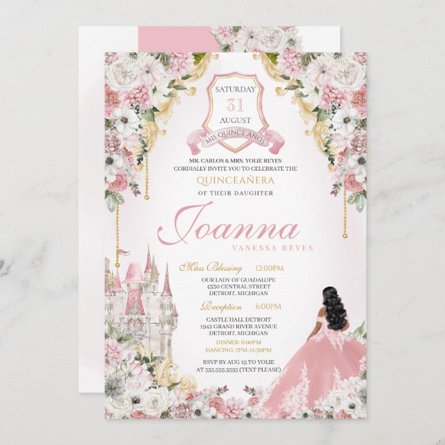Pink Royal Princess Elegant Castle Quinceanera Invitation (Front/Back)