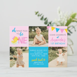 Pink Rubber Duck 3 Photo Birthday Invitation