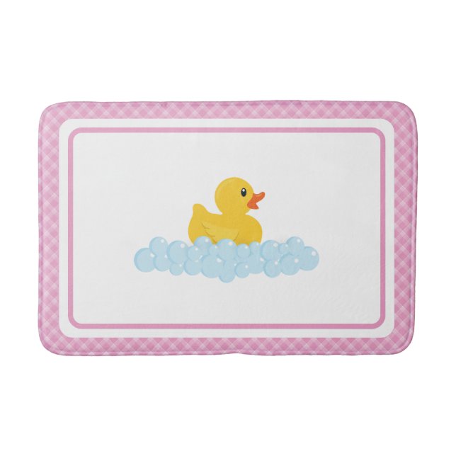 Pink Rubber Duck Bath Mat | Cute Ducky and Bubbles (Front)