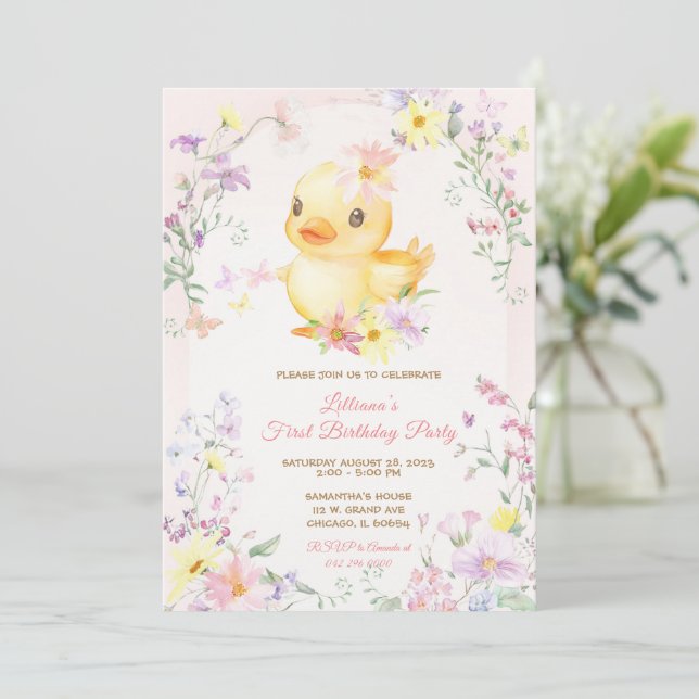 Pink RUBBER DUCK GIRL First Birthday Invitation (Standing Front)