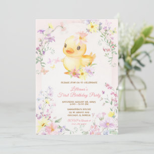 Pink RUBBER DUCK GIRL First Birthday Invitation