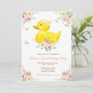 Pink RUBBER DUCK GIRL First Birthday Invitation
