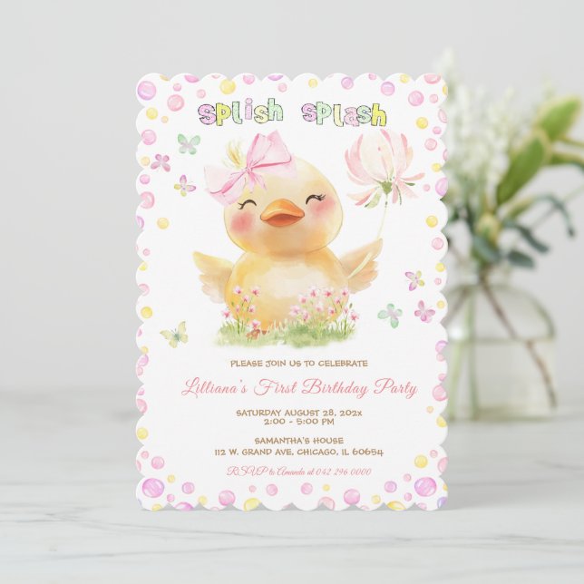 Pink RUBBER DUCK GIRL First Birthday Invitation (Standing Front)