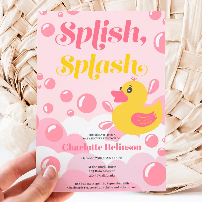 Pink rubber duck splish splash bubbles baby shower invitation (Creator Uploaded)
