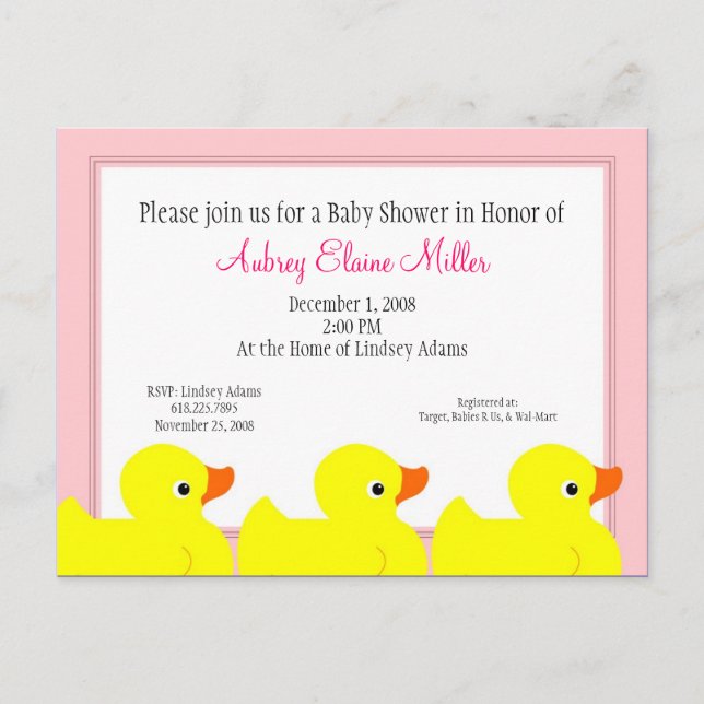 Pink Rubber Ducky Shower Invitation Postcard (Front)