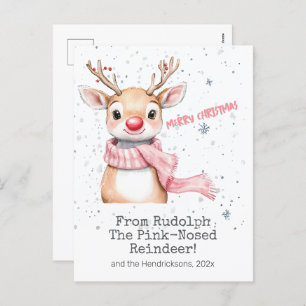Pink Rudolph Reindeer Christmas Postcard