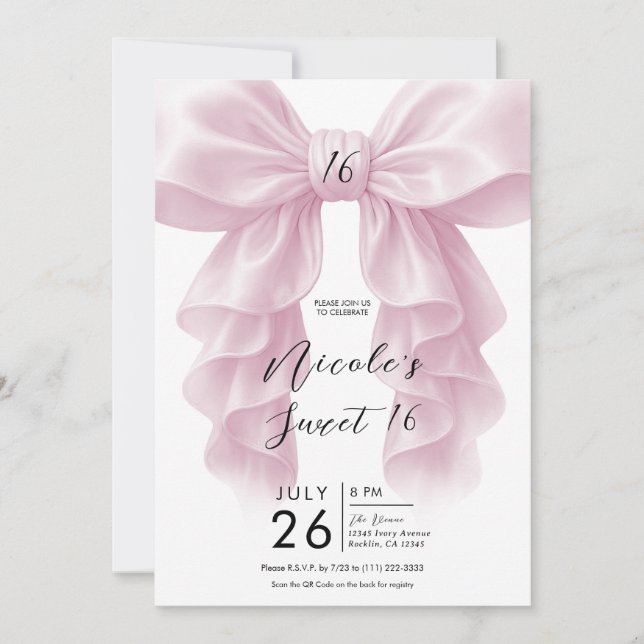 Pink Ruffle Cascade Bow Elegant Sweet 16 Party Invitation (Front)
