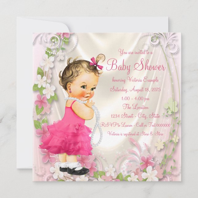 Pink Ruffle Dress and Pearls Girl Baby Shower Invitation (Front)