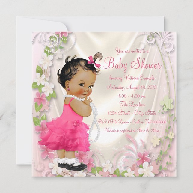 Pink Ruffle Dress Pearls Ethnic Girl Baby Shower Invitation (Front)