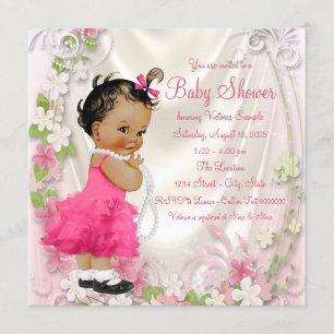 Pink Ruffle Dress Pearls Ethnic Girl Baby Shower Invitation