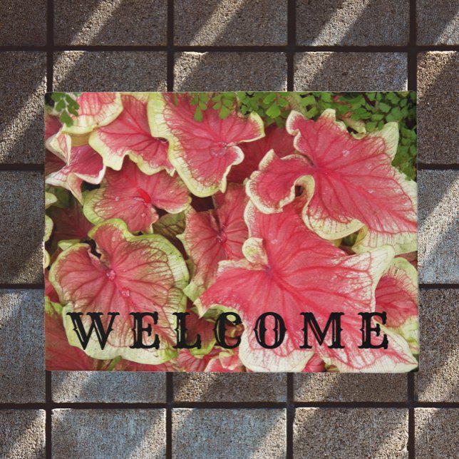 Pink Ruffled Caladium Leaves Floral Welcome Doormat (In Situ)