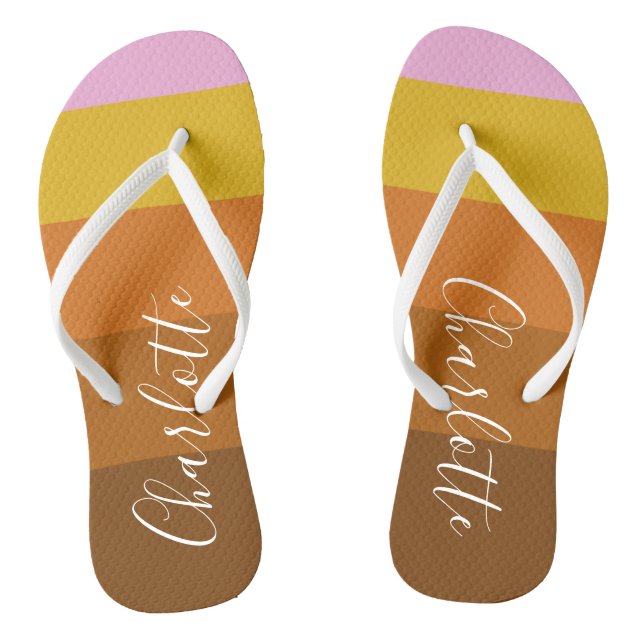 Pink Rust Wide Abstract Stripes Personalised    Flip Flops (Footbed)