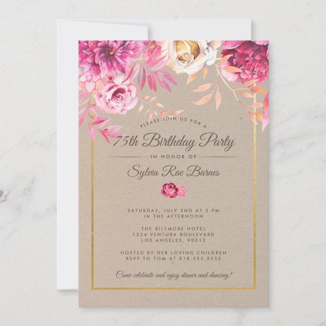 Pink Rustic 75th Birthday Party Invitation (Front)