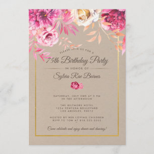 Pink Rustic 75th Birthday Party Invitation