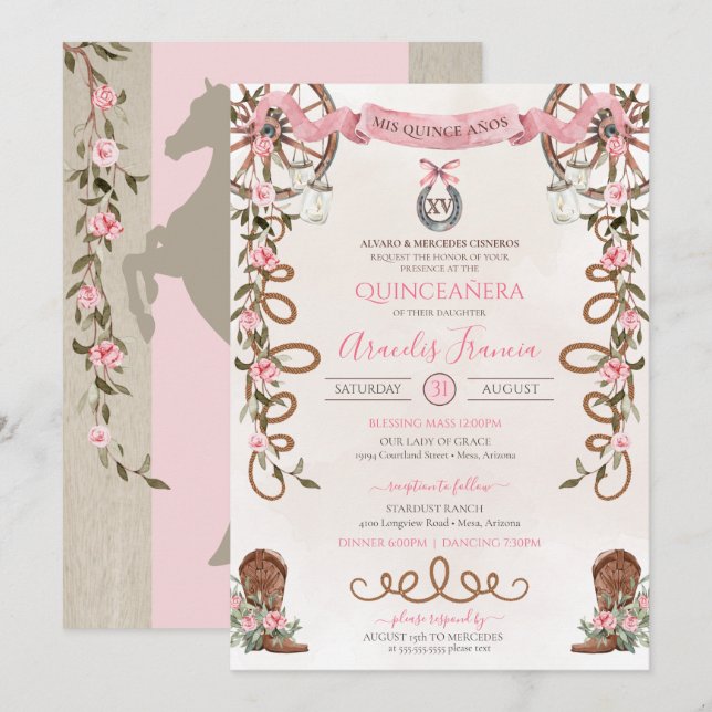 Pink Rustic Boho Western Charra Quinceanera  Invitation (Front/Back)