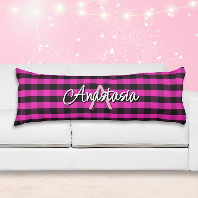 Pink Rustic Buffalo Check Plaid Monogrammed Body Cushion (A monogrammed body pillow with pink and black buffalo check pattern)