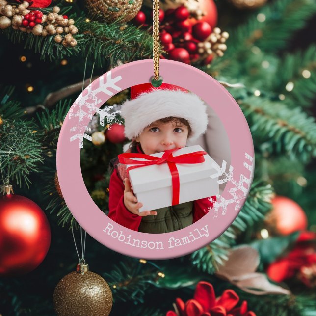 Pink Rustic Circle Photo Snowflakes Ceramic Tree Decoration (Rustic snowflake family holiday keepsake photo ornament perfect for gifts to bring joy to others.)