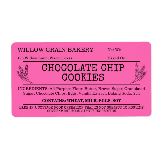 Pink Rustic Cottage Chocolate Chip Cookie Label (Front)