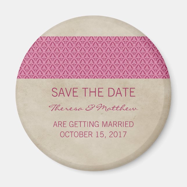 Pink Rustic Damask Save the Date Magnet (Front)