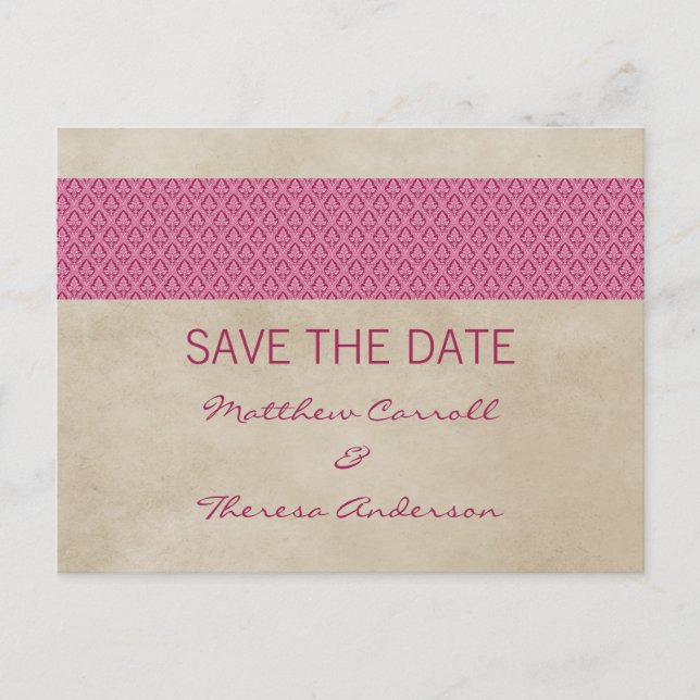 Pink Rustic Damask Save the Date Postcard (Front)