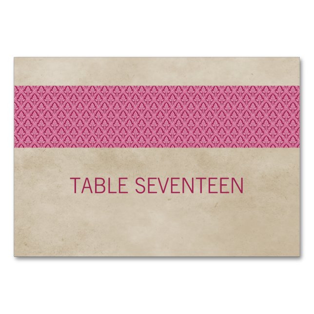 Pink Rustic Damask Table Card (Front)