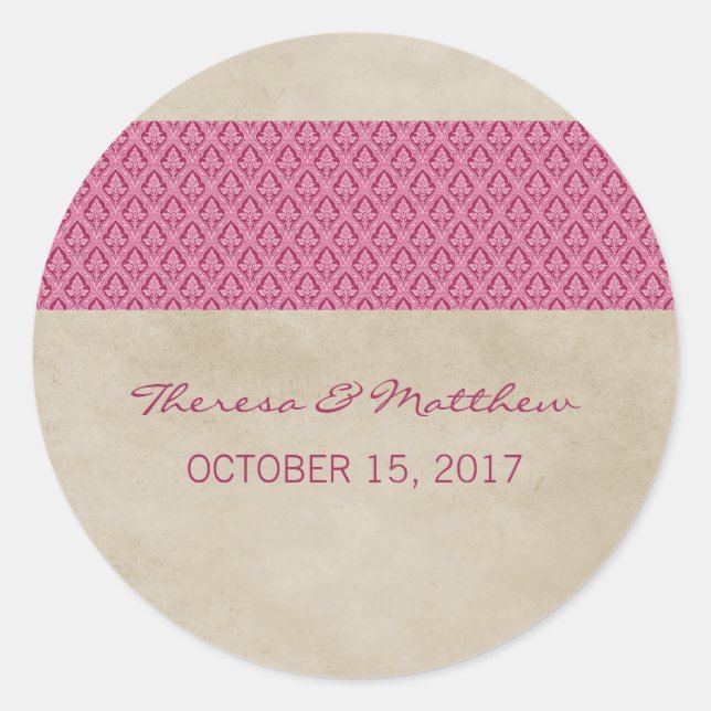 Pink Rustic Damask Wedding Stickers (Front)