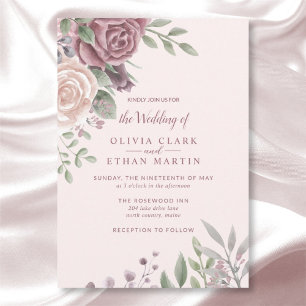 Pink Rustic Dusty Rose Watercolor Flowers Invitation