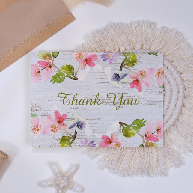 Pink Rustic Florals on White Wood Thank You Card (Creator Uploaded)