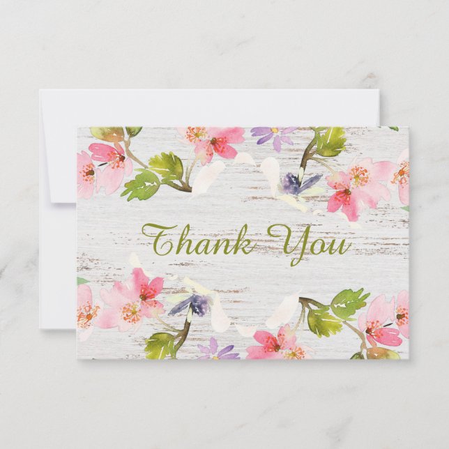 Pink Rustic Florals on White Wood Thank You Card (Front)