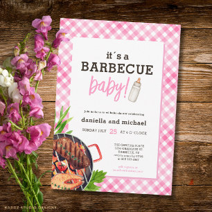 Pink Rustic Gingham Barbecue Baby Shower Invitation
