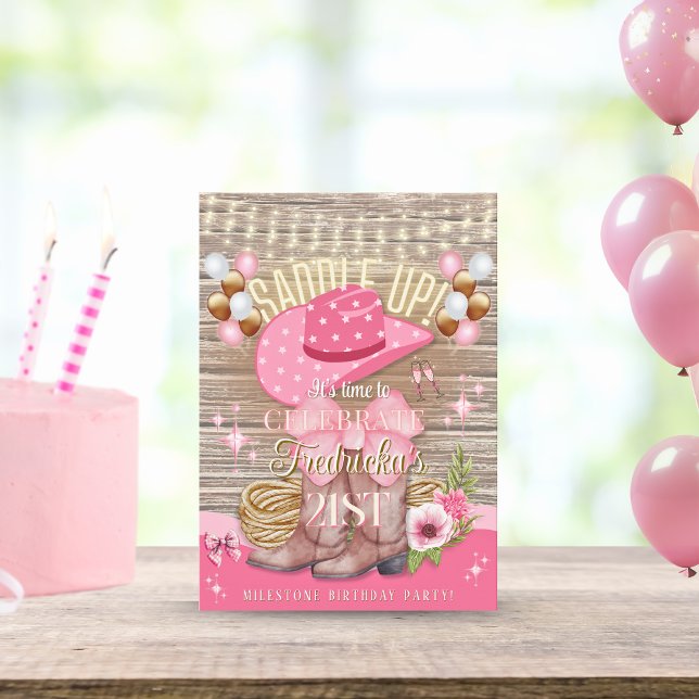 Pink Rustic Girly Cowgirl Boots Hat Birthday Invitation (Creator Uploaded)