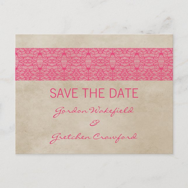 Pink Rustic Lace Save the Date Postcard (Front)