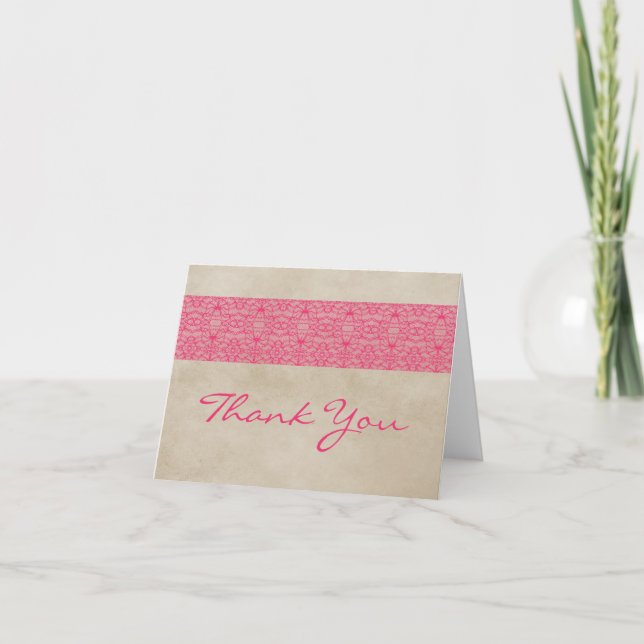 Pink Rustic Lace Thank You Card (Front)