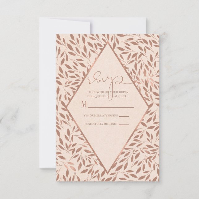 Pink Rustic Leaves Botanical Glam Chic Wedding RSVP Card (Front)