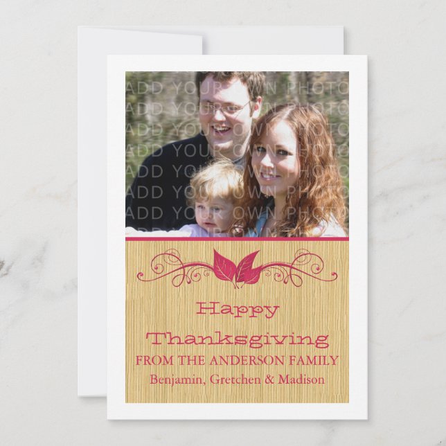 Pink Rustic Leaves Thanksgiving Photo Flat Card (Front)