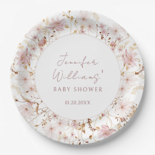 Pink rustic little wildflower baby girl shower paper plate