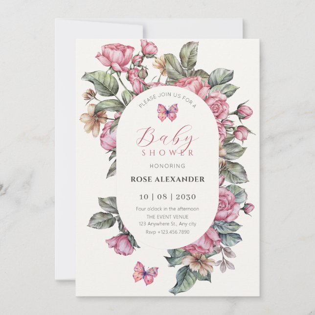 Pink rustic roses floral baby shower invitation (Front)