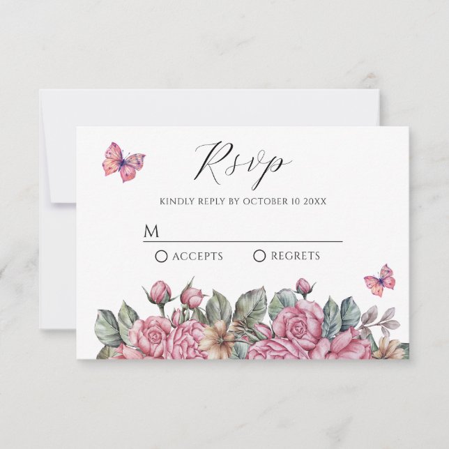 Pink rustic roses floral  RSVP card (Front)