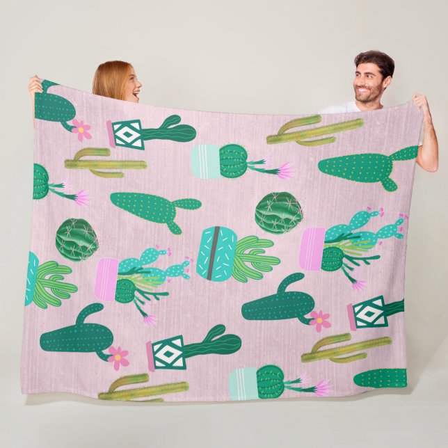 Pink Rustic Southwestern Cacti Cactus Plants Fleece Blanket (In Situ)