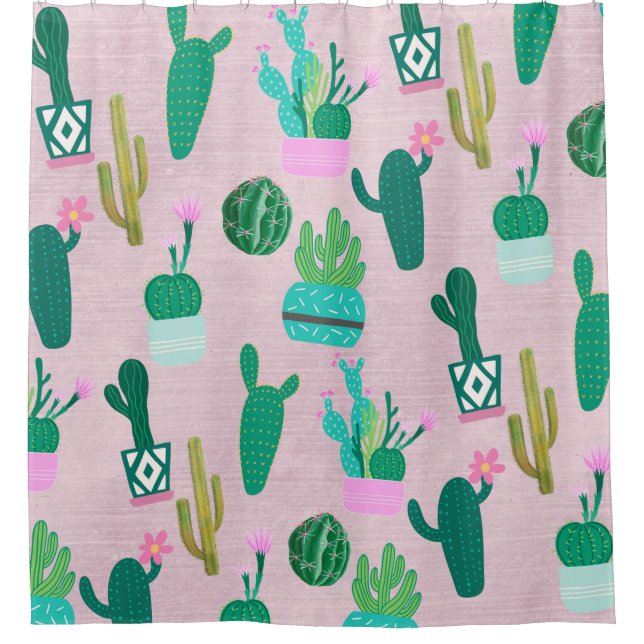 Pink Rustic Southwestern Cacti Cactus Plants Shower Curtain (Front)