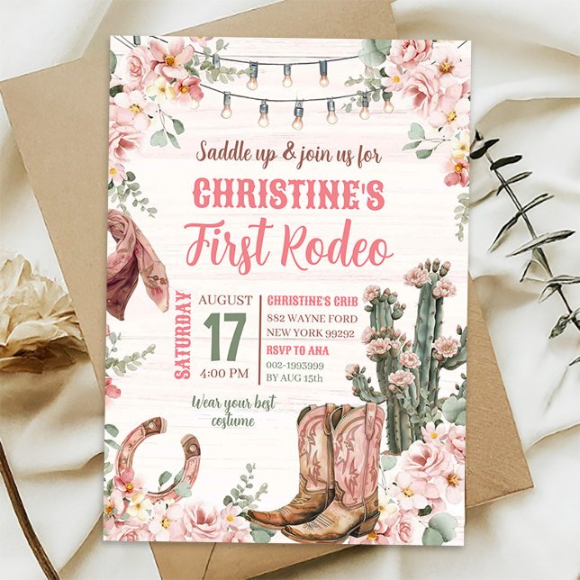 Pink Rustic Western Cactus Cowgirl's First Rodeo Invitation (Creator Uploaded)