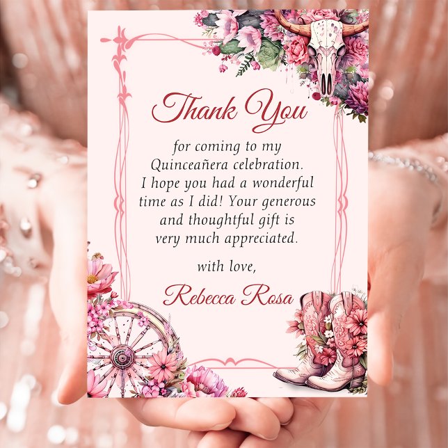 Pink Rustic Western Quinceanera Thank You Card (Creator Uploaded)