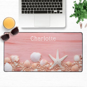 Pink Rustic Wood Beach Seashells Personalised Name Desk Mat