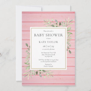 Pink Rustic Wood Greenery Baby Shower Invitation